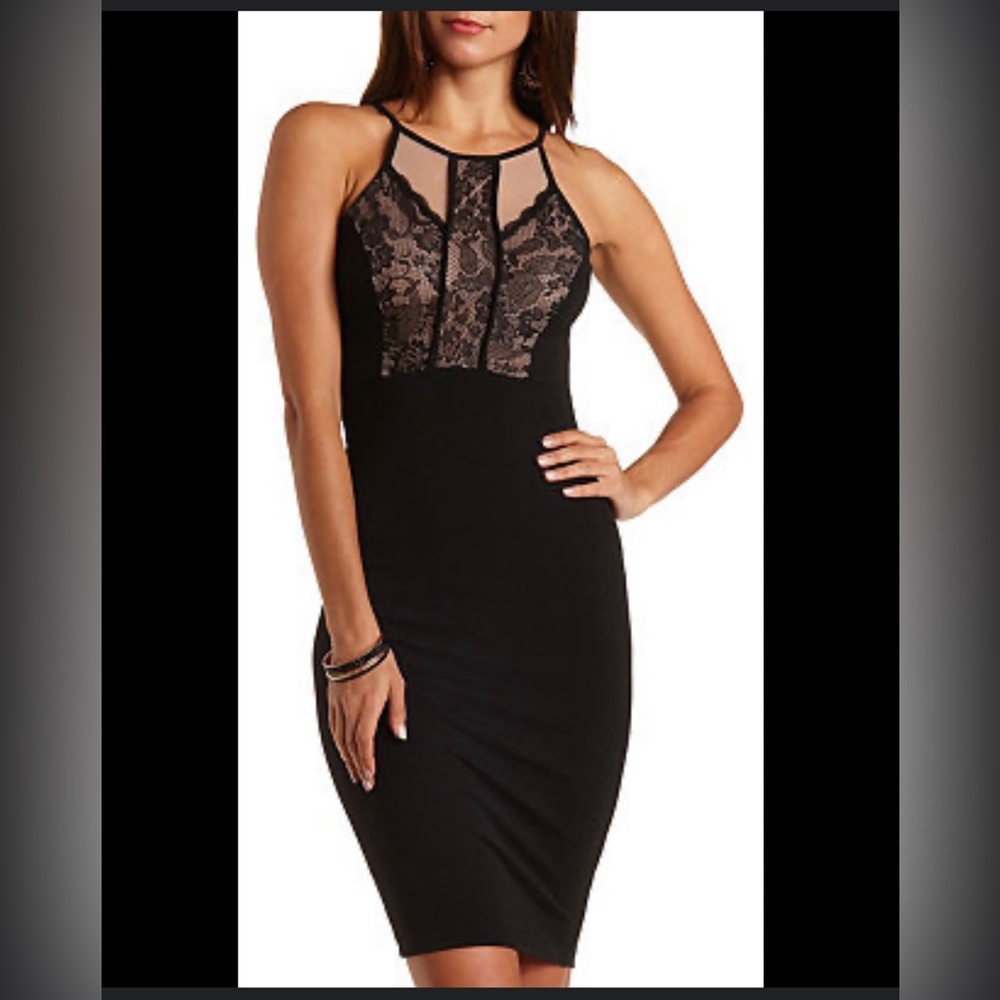 Black Lace Panel Body Con dress Size Small 3/4